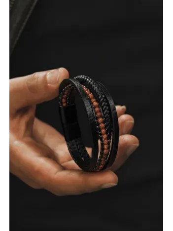 Kadın Deri Bileklik - Doğal Yıldız Taşı Çoklu Retro Paslanmaz Deri Örgü Kordon Kadın Bileklik