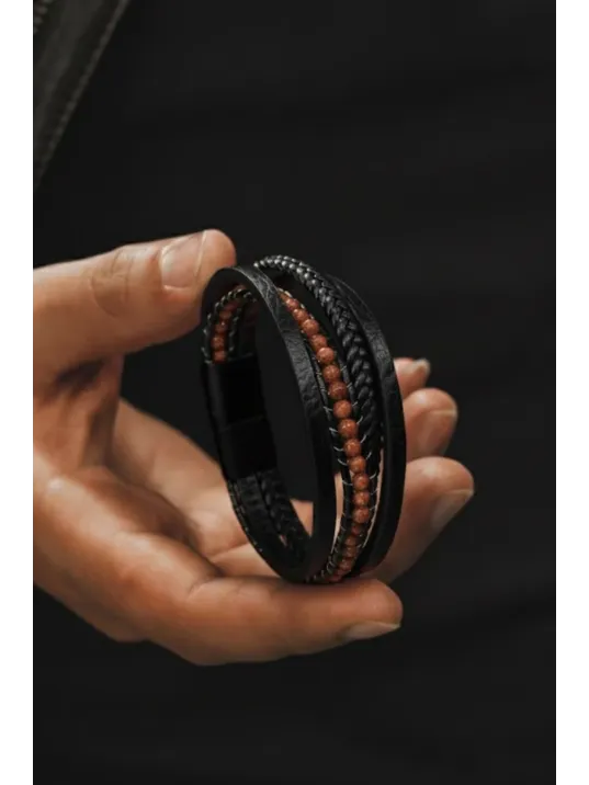 Kadın Deri Bileklik - Doğal Yıldız Taşı Çoklu Retro Paslanmaz Deri Örgü Kordon Kadın Bileklik