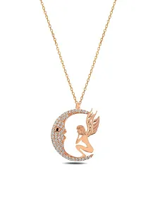 Zirkon Taşlı Rose Kanatlı Ay Kadın Gümüş Kolye GKLAYKNTKZ1-ROS