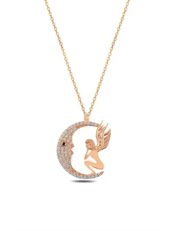 Zirkon Taşlı Rose Kanatlı Ay Kadın Gümüş Kolye GKLAYKNTKZ1-ROS
