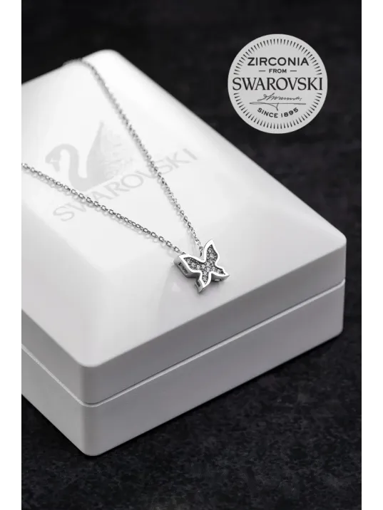 Kadın Gümüş Kolye - Swarovski Taşlı Zirconia Çok Taşlı Kelebek Motifli Kadın Kolye