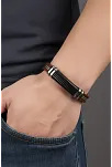 Erkek Çelik Bileklik - Kahverengi Deri Model Siyah Spiral Desenli Erkek Bileklik