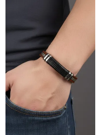 Erkek Çelik Bileklik - Kahverengi Deri Model Siyah Spiral Desenli Erkek Bileklik