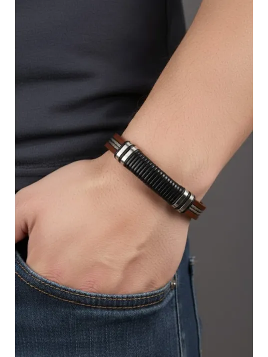 Erkek Çelik Bileklik - Kahverengi Deri Model Siyah Spiral Desenli Erkek Bileklik