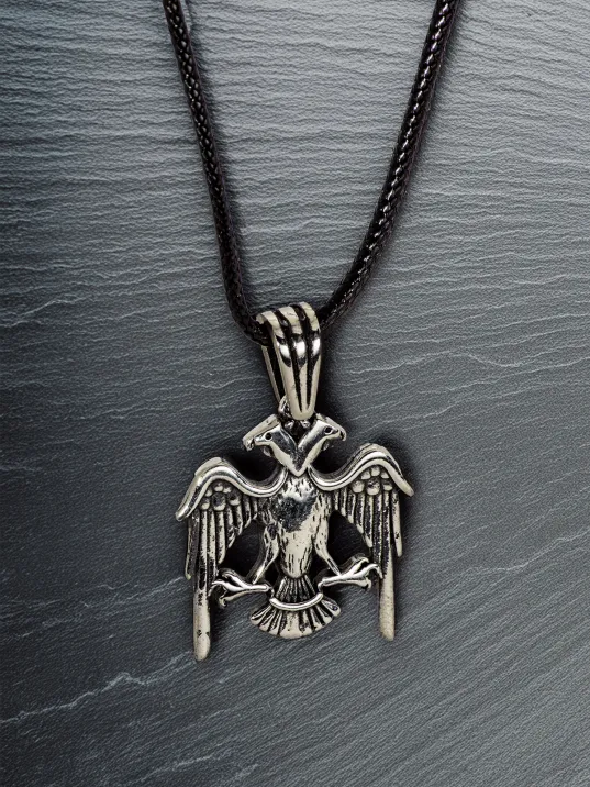 Erkek Gümüş Kolye Ucu - Çift Başlı Selçuklu Kartalı Oksitli Model Deri Kolyeli 925 Ayar Gümüş