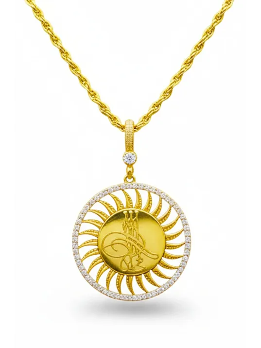 Kadın Gümüş Kolye - Güneş Motif Osmanlı Tuğrası 22 Ayar Altın Kaplama Zirkon Taşlı Gümüş Kolye