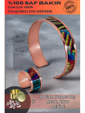 Kadın Bakır Bileklik Yüzük Set - Nadia Model Özel Baskı Metal Kutu Ve Kuvars Taşı