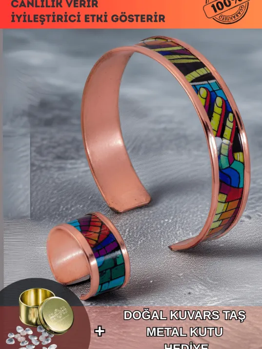 Kadın Bakır Bileklik Yüzük Set - Nadia Model Özel Baskı Metal Kutu Ve Kuvars Taşı Kadın Bakır Bileklik Yüzük Set - Nadia Model Özel Baskı Metal Kutu Ve Kuvars Taşı