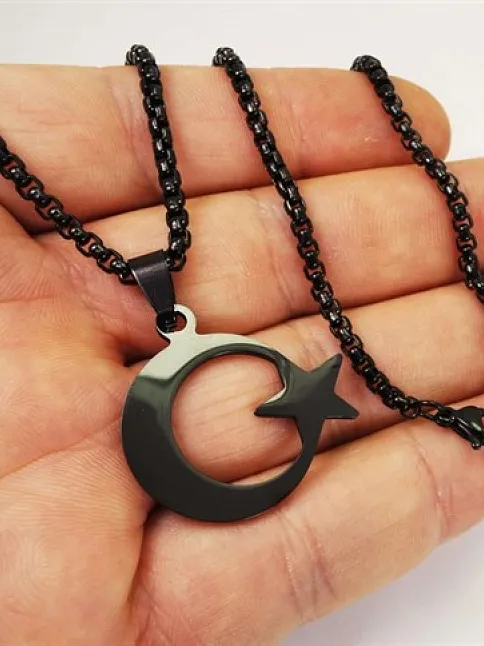OttoMan Siyah Ay Yıldız Bayrak Çelik Erkek Kolye Zincir