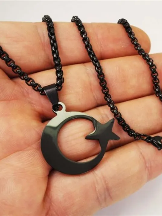OttoMan Siyah Ay Yıldız Bayrak Çelik Erkek Kolye Zincir