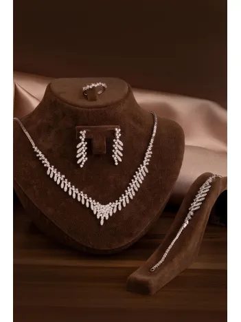 Kadın Gümüş Takı Seti - Nigar Zirkon Taşlı Yaprak Model Kolye, Bileklik, Yüzük, Küpe Tam Set