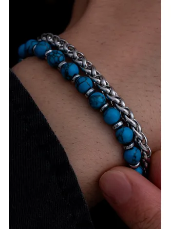 Erkek Çelik Bileklik - Mavi Boncuk Kral Zincir Çelik Bileklik