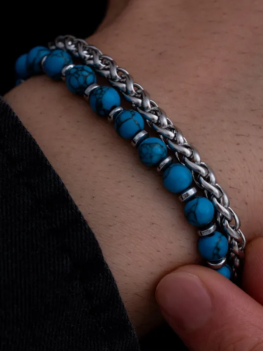 Erkek Çelik Bileklik - Mavi Boncuk Kral Zincir Çelik Bileklik
