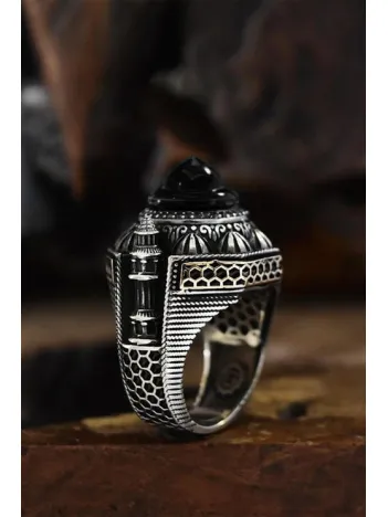İslam Usta Tasarımı Siyah Kubbe Model Gümüş Erkek Yüzük GYZISLMST11-GMS