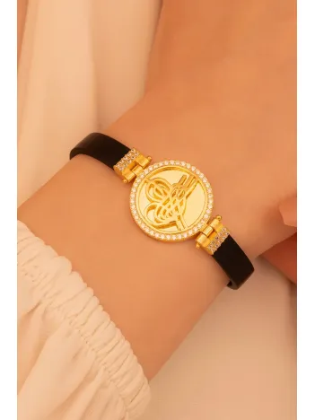 Zirkon Taşlı Altın Kaplama Osmanlı Tuğralı Bayan Gümüş Bileklik