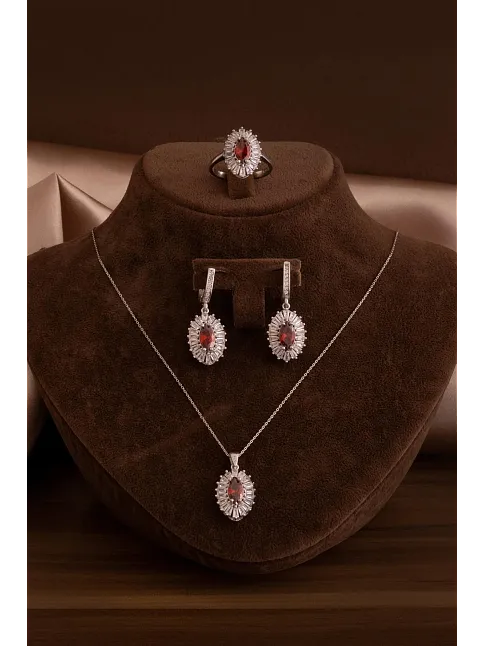 Kadın Gümüş Set - Mekik Model Yakut Taşlı Baget Süslemeli Rodyumlu Kadın Set