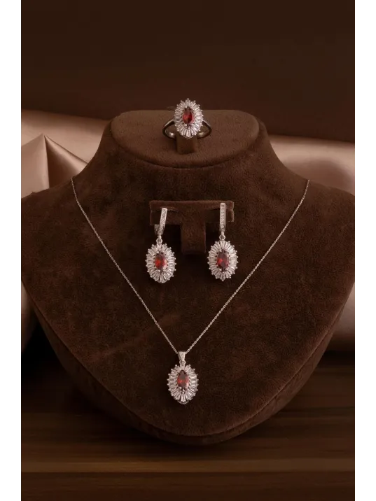 Kadın Gümüş Set - Mekik Model Yakut Taşlı Baget Süslemeli Rodyumlu Kadın Set Kadın Gümüş Set - Mekik Model Yakut Taşlı Baget Süslemeli Rodyumlu Kadın Set