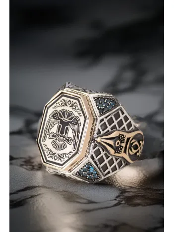 Erkek Çift Başlı Selçuklu Kartalı İşlemeli Turkuaz Zirkon Taşlı 925 Ayar Gümüş Yüzük