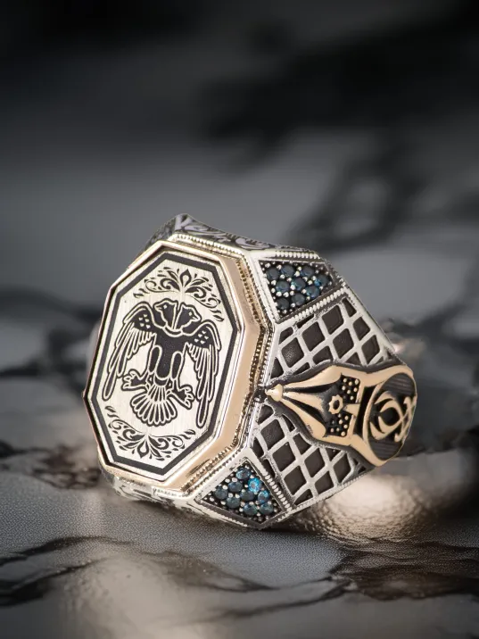 Erkek Çift Başlı Selçuklu Kartalı İşlemeli Turkuaz Zirkon Taşlı 925 Ayar Gümüş Yüzük