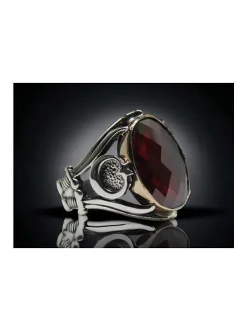 Erkek Gümüş Yüzük - Zülfikar ve Ay yıldız Motifli Kırmızı Zirkon Taşlı Gümüş Yüzük