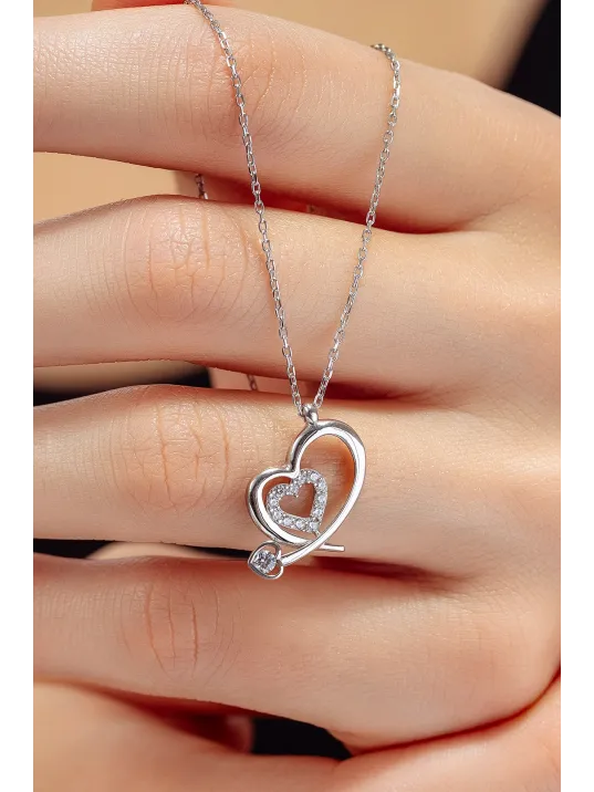 Kadın Gümüş Kolye - Swarovski Taşlı Zirconia Çift Kalpli Motifli Kadın Kolye