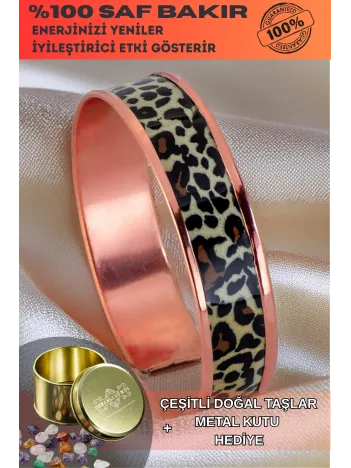 Kadın Bakır Bileklik - Leopar Model Özel Baskı Metal Kutu Ve Doğal Taşlar