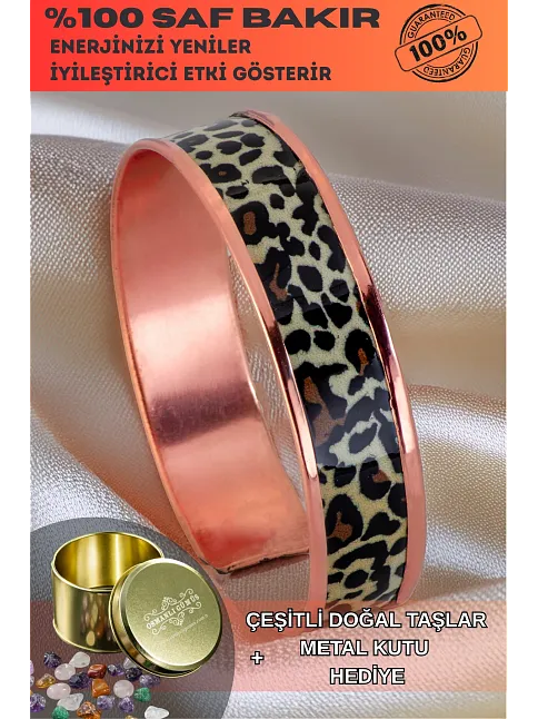 Kadın Bakır Bileklik - Leopar Model Özel Baskı Metal Kutu Ve Doğal Taşlar