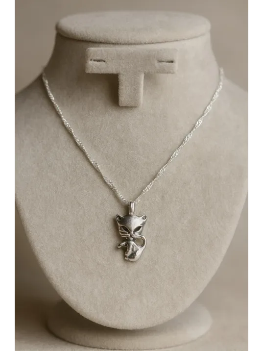 Kadın Gümüş Kolye - Kedi Model Singapur Zincir Kadın Gümüş Kolye