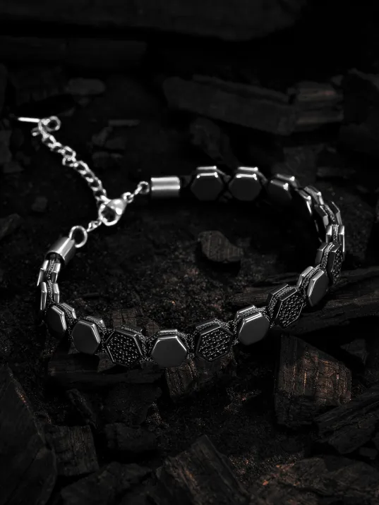 Erkek Doğaltaş Bileklik - Siyah Hematit Taşlı Makrome Örme Erkek Bileklik