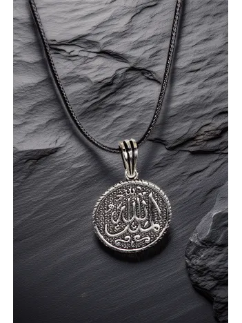 Erkek Gümüş Kolye Ucu - Mülki Allah Yazılı Oksitli Model Deri Kolyeli 925 Ayar Gümüş