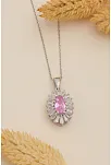 Kadın Gümüş Kolye - Damla Model Pembe Zirkon Taşlı Baget Süslemeli Rodyumlu Kadın Kolye