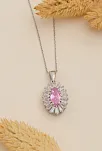 Kadın Gümüş Kolye - Damla Model Pembe Zirkon Taşlı Baget Süslemeli Rodyumlu Kadın Kolye