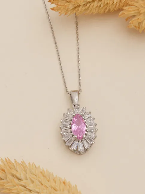 Kadın Gümüş Kolye - Damla Model Pembe Zirkon Taşlı Baget Süslemeli Rodyumlu Kadın Kolye