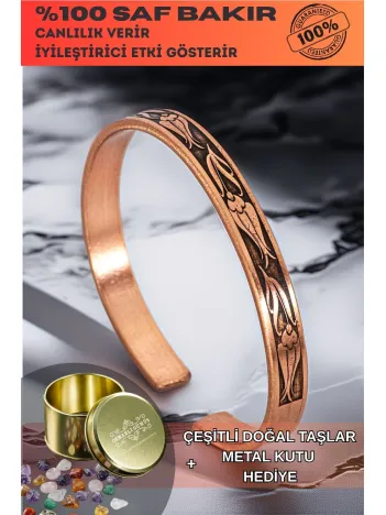 Kadın Bakır Bileklik - İnce Üstü Çiçek İşlemeli Bakır Bilezik Metal Kutu Ve Kuvars Taşlar