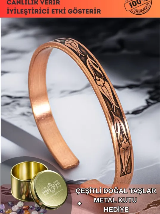 Kadın Bakır Bileklik - İnce Üstü Çiçek İşlemeli Bakır Bilezik Metal Kutu Ve Kuvars Taşlar