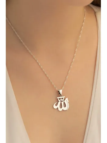 Kadın Gümüş Kolye - Parlak Model Arapça Allah Yazılı Figür Gümüş Kolye