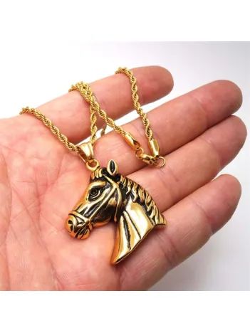 At Kafası Çelik Erkek Kolye Zincir Altın Rengi