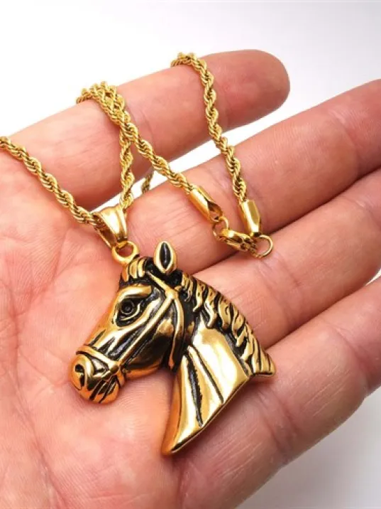 At Kafası Çelik Erkek Kolye Zincir Altın Rengi