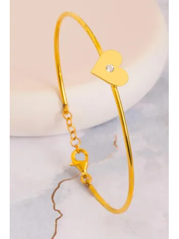 Kadın Gümüş Bileklik - El Yapımı Altın Kaplama Gümüş Zirkon Taşlı Kalp Motifli Kadın Bileklik