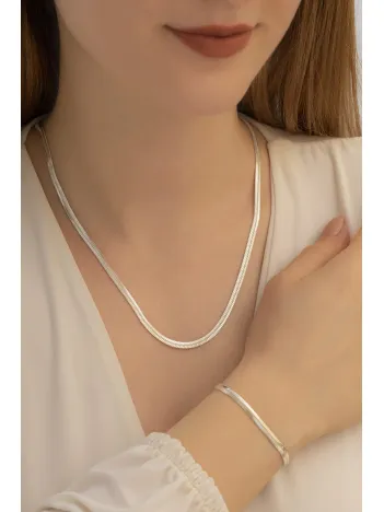 Kadın Gümüş Kolye Bileklik Set - 925 Ayar Gümüş Bombeli Ezme Model Kadın Set