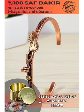 Kadın Bakır Bileklik - Çift Yaprak Motifli Kelepçe Model Bileklik Bilezik Metal Kutu Ve Doğal Taşlar