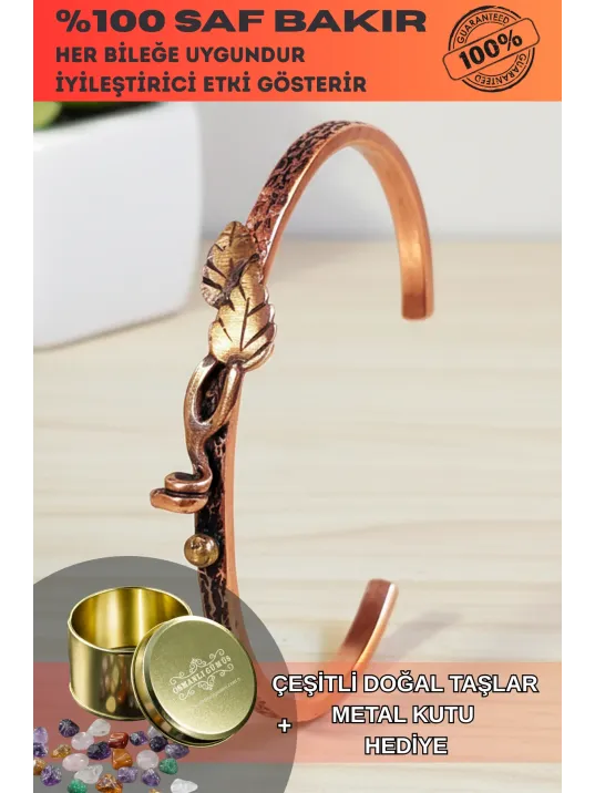 Kadın Bakır Bileklik - Çift Yaprak Motifli Kelepçe Model Bileklik Bilezik Metal Kutu Ve Doğal Taşlar