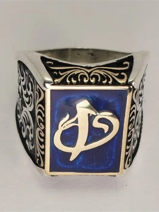 Vav Elif Mavi Mineli Gümüş Erkek Yüzük