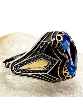 Aquamarin Taşlı Gümüş Erkek Yüzük Avangart Model Aquamarin Taşlı Gümüş Erkek Yüzük Avangart Model