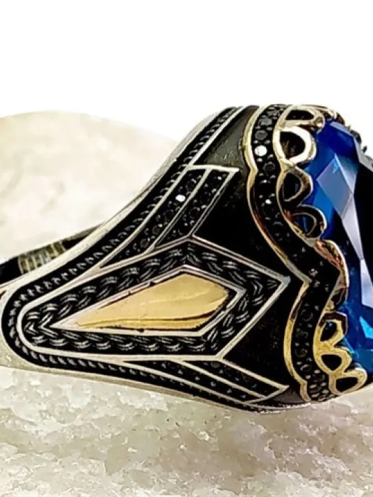 Aquamarin Taşlı Gümüş Erkek Yüzük Avangart Model