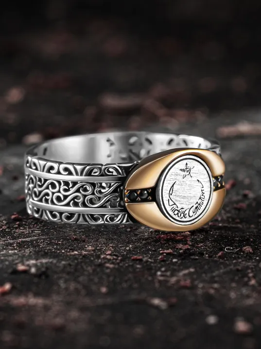 Erkek Gümüş Yüzük - Sarmal Model Zirkon Taşlı Ay Yıldız İşlemeli Erkek Yüzük