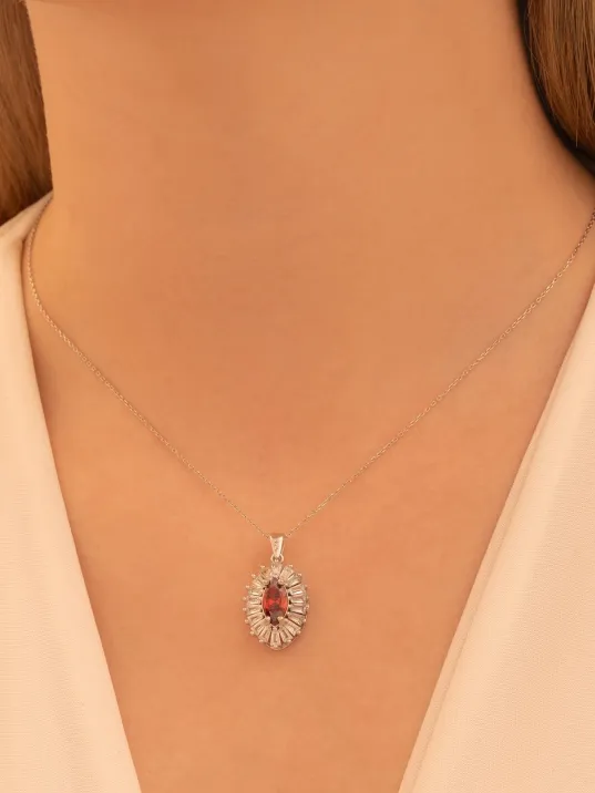 Kadın Gümüş Kolye - Damla Model Yakut Taşlı Baget Süslemeli Rodyumlu Kadın Kolye