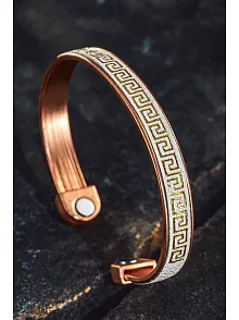 Erkek Kadın Bakır Bileklik - Üstü Hakiki Deri Grek İşlemeli Mıknatıslı Model Metal Kutu Doğal Taş