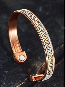 Erkek Kadın Bakır Bileklik - Üstü Hakiki Deri Grek İşlemeli Mıknatıslı Model Metal Kutu Doğal Taş