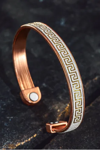 Erkek Kadın Bakır Bileklik - Üstü Hakiki Deri Grek İşlemeli Mıknatıslı Model Metal Kutu Kuvars